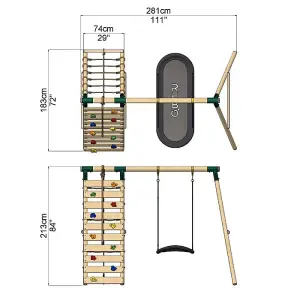 Rebo Wooden Swing Set with Up and Over Climbing Wall - Eden Green