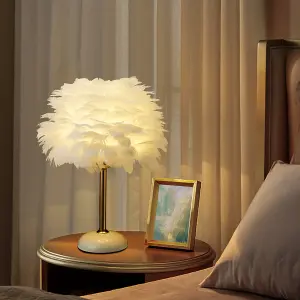 White Ceramic Feather Bedroom Bedside Table Lamp with LED Light 30cm x 37cm