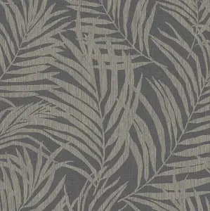 Grandeco Maui Palm Frond Leaf Textured Wallpaper, Grey