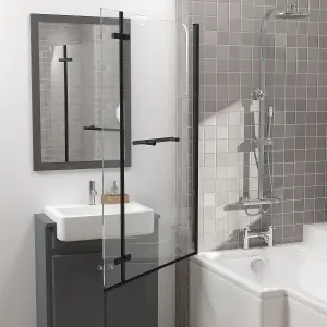 Rinse 810x1400mm Square Bath Shower Screen Bifold 6mm Safety Glass Easy Clean Panel Frameless Pivot Screen Black with Towel Rail