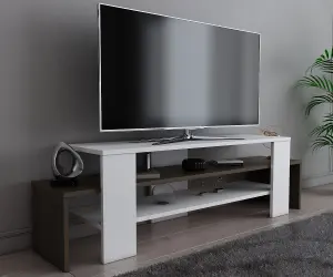 Decorotika Lenora TV Stand TV Cabinet Multimedia Unit with Open Shelves - White and Walnut Pattern