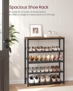 VASAGLE Shoe Rack, 5-Tier Shoe Storage with Shelves and Large Top, Adjustable Shelves, Space-Saving, Honey Brown and Ink Black