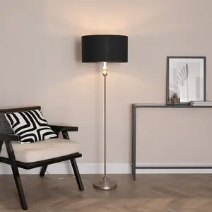 ValueLights Maggie Chrome Candlestick Floor Lamp with Black with Chrome Inner Lamp Shade and LED Bulb