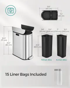 SONGMICS Dual Compartment Recycling Bin, Large Capacity, Slim Kitchen Trash Can for Waste, Pedal Bin, Metallic Silver