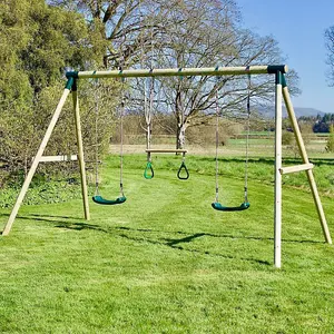 Rebo Wooden Garden Swing Set with 2 Swings and Trapeze Bar - Comet Green