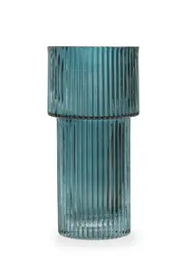 Interiors by Premier Small Ribbed Blue Glass Vase for Modern Home Decor, Small and Minimalistic Flower Vase for Living Room