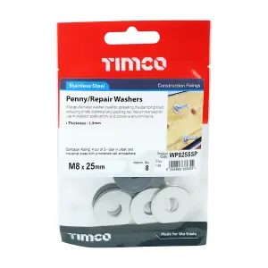 TIMCO Penny / Repair Washers DIN9054 A2 Stainless Steel - M8 x 25 (8pcs)