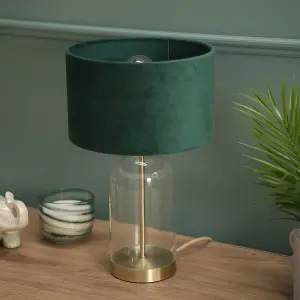 ValueLights Jessy Glass and Gold Metal Bedside Table Lamp with a Forest Green Velvet Lampshade