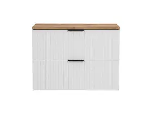 Vanity Unit Bathroom Cabinet with Drawer Wall Hung Ribbed White with Oak Effect Countertop Adel