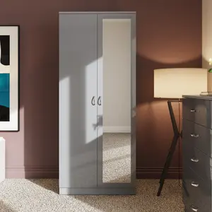 2 Door Mirrored Grey Gloss Double Wardrobe Scratch Resistant Bedroom Furniture