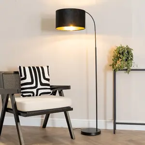 ValueLights Curva Black Arched Floor Lamp with Black Velvet and Gold Inner Lamp Shade & Bulb