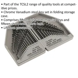 30 Piece Steel Hex Key Set - Long Imperial & Short Metric Sizes - Folding Case