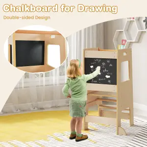 COSTWAY Kids Step Stool Baby Kitchen Helper with Chalkboard & Adjustable Step