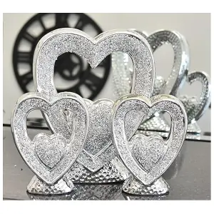 Set Of 3 Silver Hearts Sparkle Ornament Crushed Diamond