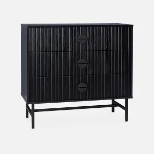 sweeek. 3-drawer chest with a wooden-effect and black grooves Bazalt Black 90x39x83 cm