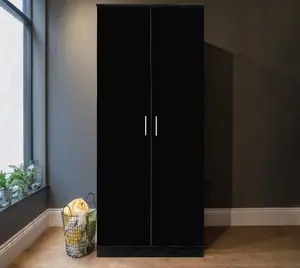 REFLECT 2 Door Plain Wardrobe in Gloss Black Door Fronts and Black Oak Carcass