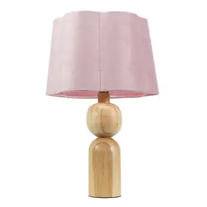 ValueLights Azalea Rustic Wooden Table Lamp with Blush Pink Velvet Scallop Shade