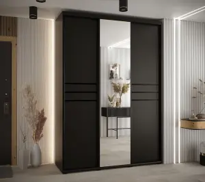 Cannes XI Mirrored Sliding Door Wardrobe W180cm - Sleek Black Storage Solution for Spacious Rooms