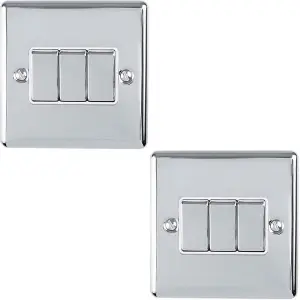 2 PACK 3 Gang Triple Metal Light Switch SATIN STEEL 2 Way 10A Grey Trim