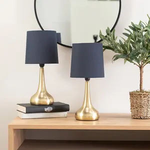 Pair - Brushed Gold Teardrop Touch Dimmer Table Lamps with Navy Blue Shade Bedside Light - LED Bulbs Included