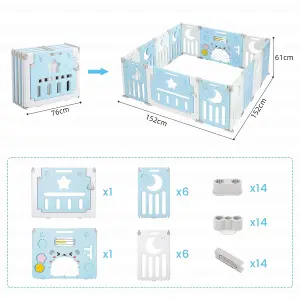 12+2 Panel Baby Foldable Playpen with Safety Gate 25 Sq.ft - Blue White