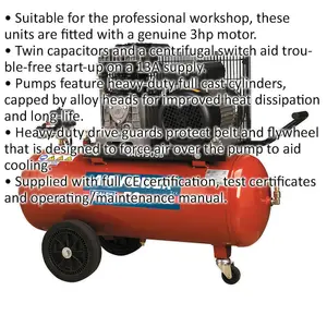 50 Litre Mobile Belt Drive Air Compressor - 3hp Motor - Quick Release Coupling