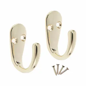 2X Single Robe Coat Hooks with Screws, Polished Brass, Door & Wall Mountable (Pack of 2)