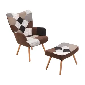 Colour Block Upholstered Armchair with Wooden Legs and Footstool