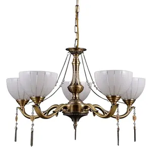 Luminosa Stylized Chandeliers Golden 5 Light  with Milky, Glass Shade, E27