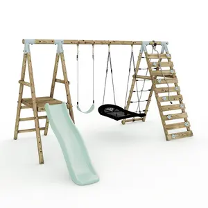 Limited Edition Rebo Wooden Double Swing Set with Slide plus Up and Over Climbing Wall - Quartz - Pastel Green