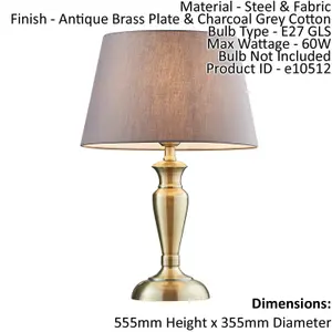 Table Lamp Antique Brass & Charcoal Grey Cotton 60W E27 Bedside Light