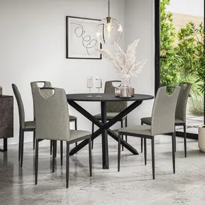 Malvern Round Dining Table And Chairs -  Black Table Top w Solid Oak Black Legs + Monza Fabric Dining Chair Set Of 6 (Grey)