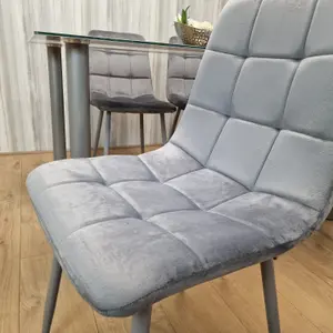 Grey Clear Glass Dining Table With 4 Grey Tufted Velvet Chairs Dining Set