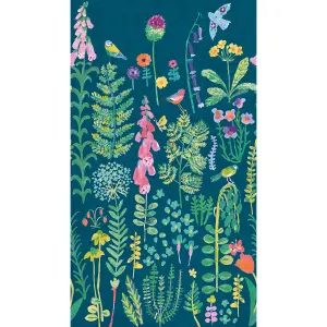 Grandeco Spring Meadow Flower Painted Sprig 3 panel repeatable wallpaper Mural, 2.8 x 1.59m, Dark Teal