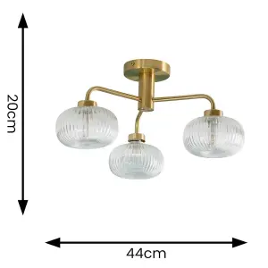 ValueLights Amaia 3 Way Ceiling Light Ribbed Glass Shade IP44 Bathroom - Gold - Bulbs Included