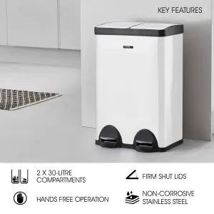 Kitchen Rubbish Recycling Pedal Bin 60L Dual 2 Waste Compartment White