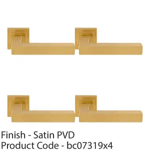 4 PACK - Premium Straight Door Handle Set - Satin Brass Designer Lever on Square Rose