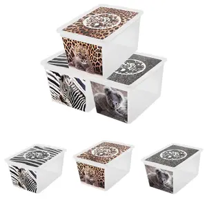 Set of 6 30 Litre Printed Animal Save Me Boxes Strong Stackable Storage Containers With Lids