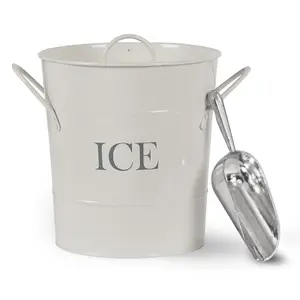 Traditional Chalk White Steel Ice Bucket with Scoop Holder Carry Handles Indoor Outdoor Entertaining Retro Chic, Vintage Charm