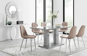 Imperia Grey High Gloss 6 Seater Dining Table with Structural 2 Plinth Column Legs 6 Beige Faux Leather Silver Leg Corona Chairs