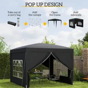 Outsunny 3mx3m Pop Up Gazebo Party Tent Canopy Marquee with Storage Bag Black