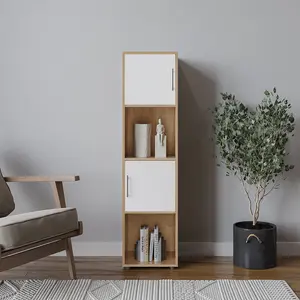 URBNLIVING 119cm Height 4 Cube Bookcase Oak Wooden White Door Metal Handle Display Storage Shelf