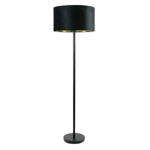 ValueLights Charles Black Stem Floor Lamp with Black Velvet and Gold Inner Lamp Shade and LED Bulb