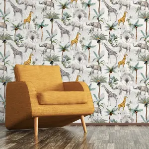 Arthouse Animals Jungle Wallpaper Elephant Palm Tree Green Grey Yellow Serengeti