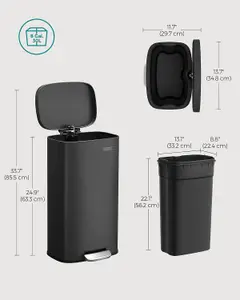 SONGMICS Rubbish Trash Can, Kitchen Bin, Pedal Bin, Trash Bin, Soft-Close Lid and Inner Bucket, Steel, Black