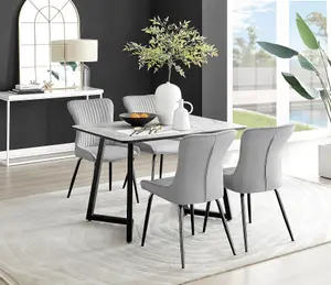 Furniturebox UK Carson White Marble Effect Dining Table & 4 Light Grey Nora Black Leg Chairs