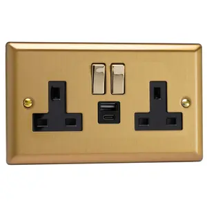 Varilight 2-Gang 13A Single Pole Switched Socket with 1x USB A & 1x USB C Charging Ports Brushed Brass