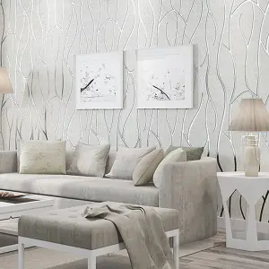 Beige Geometric 3D Striped Patterned Non Woven Embossed Patterned Wallpaper