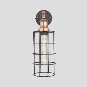 Industville Brooklyn Wire Cage Wall Light, 5 Inch, Pewter, Cylinder, Copper Holder