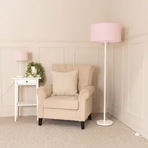 ValueLights Charles White Single Stem Floor Lamp with Blush Pink Drum Lamp Shade and LED Bulb